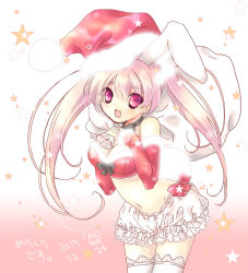 Rule 34 | 1girl, 2015, animal ears, bad id, bad pixiv id, bare shoulders, bloomers, blush, bow, breasts, choker, christmas, cleavage, crop top, dated, di gi charat, fang, fur trim, gloves, hair ornament, half gloves, hat, highres, koge donbo, lace, lace-trimmed legwear, lace trim, large breasts, long hair, merry christmas, official art, pink hair, rabbit ears, red eyes, ribbon, santa costume, santa hat, smile, solo, star (symbol), thighhighs, twintails, underwear, usada hikaru, white thighhighs