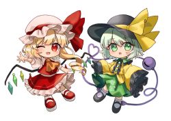 Rule 34 | 2girls, ascot, black headwear, bow, buttons, chibi, collared shirt, commentary, crystal, eyeball, fang, flandre scarlet, floral print, frilled legwear, frilled shirt collar, frilled skirt, frilled sleeves, frills, green eyes, green hair, green skirt, hat, hat ribbon, heart, heart of string, hisako (6anmbblfnjueeff), komeiji koishi, long sleeves, mary janes, medium hair, mob cap, multiple girls, one eye closed, one side up, open mouth, puffy short sleeves, puffy sleeves, red bow, red eyes, red ribbon, red skirt, red vest, ribbon, shirt, shoes, short hair, short sleeves, simple background, skirt, sleeves past fingers, sleeves past wrists, socks, third eye, touhou, vest, wavy hair, white background, white legwear, white shirt, wide sleeves, wings, yellow ascot, yellow ribbon, yellow shirt