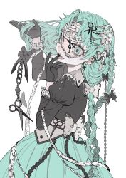 Rule 34 | 1girl, absurdres, aqua eyes, aqua hair, aqua skirt, back bow, bandaged head, bandages, black bow, black gloves, black shirt, black sleeves, bow, chain, collar, collared shirt, cowboy shot, eyelashes, frilled sleeves, frills, gloves, grey collar, hair bow, hand in own hair, highres, juliet sleeves, long hair, long sleeves, looking at viewer, mosomop, multiple hair bows, open mouth, original, parted bangs, puffy sleeves, scissors hair ornament, sharp teeth, shirt, simple background, skirt, smile, solo, teeth, tongue, upper teeth only, very long hair, white background, white bow