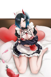 Rule 34 | 1girl, anal tail, apron, arm under breasts, azur lane, bare legs, barefoot, black jacket, black skirt, blue hair, breasts, butt plug, cat hair ornament, chest jewel, commentary request, detached collar, detached sleeves, ear piercing, fake tail, feet, frilled apron, frilled skirt, frills, frown, gradient hair, hair ornament, hair over one eye, heart, heart pasties, heart-shaped pillow, highres, horns, jacket, liu liaoliao, long sleeves, looking at viewer, maid, maid apron, maid headdress, medium breasts, midriff, multicolored hair, nail polish, navel, official alternate costume, on bed, pasties, piercing, pillow, puffy short sleeves, puffy sleeves, red horns, red nails, remote control vibrator, sex toy, short hair, short sleeves, sitting, skirt, slit pupils, soles, solo, tail, thighs, toenail polish, toenails, toes, ulrich von hutten (azur lane), ulrich von hutten (mayhem maid) (azur lane), vibrator, waist apron, wariza, white background, wing collar, x hair ornament, yellow eyes