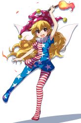 Rule 34 | 1girl, absurdres, american flag dress, american flag legwear, arm up, blonde hair, clownpiece, dress, fairy wings, fire, full body, hat, highres, holding, holding torch, jester cap, long hair, looking at viewer, moon, neck ruff, open mouth, pantyhose, pink hat, polka dot, red eyes, short dress, short sleeves, simple background, smile, solo, star-shaped pupils, star (symbol), star print, striped, symbol-shaped pupils, tokiani, torch, touhou, very long hair, white background, wings