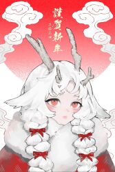 Rule 34 | 1girl, 2024, antlers, braid, chinese zodiac, closed mouth, dated, doodle inset, dragon girl, fur collar, hair ears, hair ribbon, highres, horns, long hair, looking at viewer, multicolored background, new year, okogeokogeokoge, original, red background, red eyes, ribbon, side braids, sidelocks, solo, translation request, upper body, white background, white hair, whorled clouds, year of the dragon
