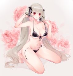 Rule 34 | 1girl, :o, arm up, armpits, artist name, azur lane, bare arms, bare legs, bare shoulders, barefoot, black bow, black bra, black panties, blonde hair, blush, bow, bra, collarbone, earrings, floral background, flower, formidable (azur lane), full body, hair bow, hand in own hair, highres, jewelry, kneeling, long hair, looking at viewer, navel, open mouth, orii (fsgp5252), panties, pink flower, pink rose, pulled by self, red eyes, rose, side-tie panties, solo, stomach, strap pull, twintails, underwear, underwear only, undressing, untied panties, very long hair