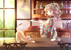 Rule 34 | 1girl, :d, animal, apron, blue eyes, blush, book, bottle, bow, brown hair, cake, cat, chair, checkered clothes, checkered kimono, chocolate cake, cup, eyebrows, floral print, food, frilled apron, frills, fruit, hair bow, highres, japanese clothes, kettle, kimono, long sleeves, looking at another, maid headdress, momoko (momoko14), open mouth, original, ponytail, poster (object), saucer, smile, spoon, steam, strawberry, striped, striped bow, table, teacup, teapot, wavy hair, wide sleeves, window, wine bottle