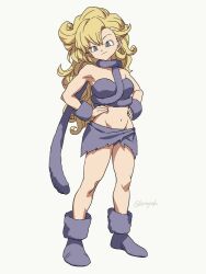 Rule 34 | 1girl, ayla (chrono trigger), bare shoulders, blonde hair, boots, cavewoman, chrono trigger, curly hair, groin, hands on own hips, hosodayo, loincloth, long hair, midriff, solo, standing, white background