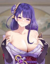 Rule 34 | 1girl, absurdres, bare shoulders, blurry, blurry background, blush, breasts, bridal gauntlets, cleavage, closed mouth, collarbone, genshin impact, hair ornament, highres, japanese clothes, karacak, kimono, large breasts, long hair, long sleeves, looking at viewer, mole, mole under eye, off shoulder, purple eyes, purple hair, purple kimono, raiden shogun, sash, smile, solo, upper body