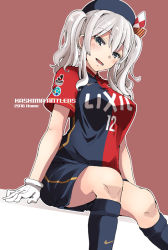 Rule 34 | 10s, 1girl, beret, breasts, fujii jun, gloves, hat, j. league, kantai collection, kashima (kancolle), kashima antlers, large breasts, silver hair, sitting, soccer, soccer jersey, soccer uniform, solo, sportswear, twintails, white gloves