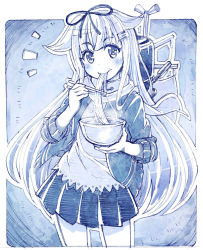 Rule 34 | 10s, 1girl, ^^^, backpack, bag, blue theme, border, bowl, cardigan, chopsticks, commentary request, eating, eyebrows, food, hair flaps, hair ornament, hair ribbon, hairclip, highres, holding, kantai collection, long hair, looking at viewer, miniskirt, monochrome, mouth hold, noodles, open cardigan, open clothes, outline, pleated skirt, ribbon, rounded corners, sakino shingetsu, scarf, sketch, skirt, solo, straight hair, udon, very long hair, yuudachi (kancolle), yuudachi kai ni (kancolle)