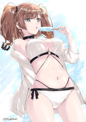 Rule 34 | 1girl, atlanta (kancolle), bikini, black choker, blush, breasts, brown hair, choker, cleavage, collarbone, cowboy shot, earrings, food, grey eyes, holding, holding food, jacket, jewelry, kantai collection, large breasts, long hair, mikage takashi, navel, o-ring, o-ring bikini, open clothes, open jacket, open mouth, popsicle, simple background, solo, star (symbol), star earrings, swimsuit, twitter username, two side up, white background, white bikini, white jacket