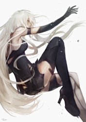 Rule 34 | 1girl, android, armlet, black gloves, black shorts, elbow gloves, from side, gloves, hands in air, high heels, joints, konno shimako, long hair, nier:automata, nier (series), reaching, reaching towards viewer, robot joints, short shorts, shorts, silver hair, solo, tank top, thighs, a2 (nier:automata)