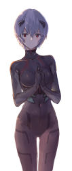 Rule 34 | 1girl, absurdres, akasaai, ayanami rei, blue hair, bodysuit, breasts, closed mouth, highres, looking at viewer, medium breasts, neon genesis evangelion, own hands together, plugsuit, red eyes, short hair, simple background, solo, standing, thigh gap, white background