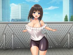 Rule 34 | 1girl, azuki yui, bike shorts, black hair, blue eyes, blush, breasts, building, cleavage, cowboy shot, day, happy, highres, kyonyuu inaka musume to sugosu ecchi na natsuyasumi 2: tokai hen, large breasts, legs, looking at viewer, medium hair, open mouth, outdoors, outstretched arms, sky, smile, solo, standing, thighs