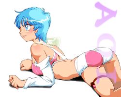 Rule 34 | 1980s (style), 1girl, ass, blue eyes, blue hair, blush, breasts, closed mouth, commentary request, crop top, graphite (medium), midriff, millipen (medium), retro artstyle, onnaski, retro artstyle, short hair, simple background, smile, solo, thigh strap, traditional media, white background, wingman, yume aoi