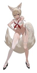 Rule 34 | 1girl, absurdres, animal ear fluff, animal ears, bandaged arm, bandages, bell, bikini, blush, breasts, choker, fang, fingernails, gluteal fold, highres, large breasts, light brown hair, nail polish, navel, neck bell, neckerchief, original, red choker, red nails, red neckerchief, sailor collar, sandals, scar, scar on arm, sharp fingernails, short hair, simple background, single sock, single thighhigh, slit pupils, socks, solo, sweat, sweatdrop, swimsuit, tail, thigh strap, thighhighs, underboob, white background, white bikini, white sailor collar, white thighhighs, wolf ears, wolf girl, wolf tail, zutsuyaku