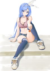 Rule 34 | 1girl, bare arms, bare shoulders, blue eyes, blue hair, blue thighhighs, breasts, candy, chaesu, cleavage, commentary, crop top, denim, denim shorts, food, hair between eyes, hair ribbon, highres, holding, holding food, knee up, lollipop, long hair, looking at viewer, micro shorts, midriff, bae minah (chaesu), navel, original, ribbon, shadow, shoes, shorts, sitting, sleeveless, sneakers, solo, stomach, thighhighs, thighs, very long hair, white background, white ribbon