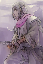 Rule 34 | 1boy, ainu clothes, aquaplus, closed mouth, cowboy shot, from side, grey hair, holding, holding sheath, holding weapon, katana, long hair, long sleeves, narutoabi, nose, pointy ears, scarf, serious, sheath, sheathed, sidelocks, solo, sword, ukon (utawarerumono), utawarerumono, utawarerumono: itsuwari no kamen, utawarerumono: lost flag, weapon