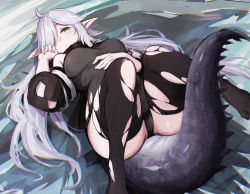 Rule 34 | ahoge, arknights, black leotard, black thighhighs, blush, breasts, closed mouth, commentary request, crocodilian tail, detached sleeves, hair over one eye, hand on own stomach, highres, large tail, legs up, leotard, long sleeves, looking at viewer, lying, medium breasts, no shoes, on back, pointy ears, silver hair, solo, tail, thick thighs, thighhighs, thighs, tomimi (arknights), torn clothes, torn thighhighs, xian yu mo ren, yellow eyes