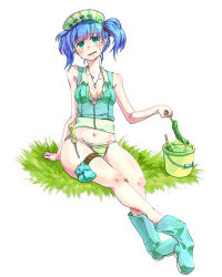 Rule 34 | 1girl, arm support, asa fuyu, bikini, bikini under clothes, blue eyes, blue hair, blush, boots, breasts, bucket, cleavage, cucumber, female focus, full body, hair bobbles, hair ornament, hat, hot, jewelry, kawashiro nitori, key, mafuyu hemp, matching hair/eyes, medium breasts, nature, navel, necklace, screwdriver, shoe dangle, shoe pull, short hair, solo, sweat, swimsuit, swimsuit under clothes, touhou, twintails, two side up, white background
