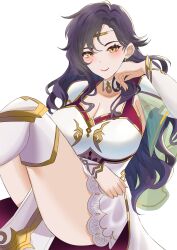 Rule 34 | 1girl, absurdres, alternate costume, arm under breasts, armor, black hair, blush, boots, breastplate, breasts, cape, circlet, cleavage, commission, commissioner upload, cosplay, detached collar, dress, earrings, elbow gloves, fingernails, fire emblem, fire emblem: the blazing blade, fire emblem: the sacred stones, genm7, gloves, hair lift, highres, jewelry, knee up, l&#039;arachel (fire emblem), l&#039;arachel (fire emblem) (cosplay), large breasts, lipstick, long hair, looking at viewer, makeup, nintendo, non-web source, pauldrons, pelvic curtain, short dress, shoulder armor, sitting, smile, solo, sonia (fire emblem: the blazing blade), thigh boots, thighs, transparent background, white dress, yellow eyes