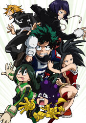 3boys 3girls :&gt; :p asui_tsuyu belt black_eyes black_hair bodysuit boku_no_hero_academia breasts brown_eyes cleavage closed_mouth freckles full_body gloves green_bodysuit hair_between_eyes hair_rings highres jacket jirou_kyouka jumping kaminari_denki large_breasts leotard leotard_under_clothes light_smile long_hair looking_at_viewer low-tied_long_hair midoriya_izuku mineta_minoru multiple_boys multiple_girls official_art open_clothes open_jacket open_mouth ponytail scan scared school_uniform short_hair simple_background superhero_costume thick_thighs thighs tongue tongue_out very_long_hair white_belt white_gloves wide_hips yaoyorozu_momo