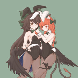 Rule 34 | 2girls, absurdres, animal ears, bare shoulders, bird wings, black bow, black wings, blunt bangs, bow, braid, breasts, brown hair, cat ears, detached collar, fake animal ears, feathered wings, green bow, grey background, hair bow, heart, highres, kaenbyou rin, leotard, long hair, medium breasts, multiple girls, multiple tails, nekomata, pantyhose, playboy bunny, rabbit ears, rabbit tail, reiuji utsuho, tail, touhou, twin braids, two tails, wings, wrist cuffs, yenyen