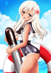 Rule 34 | 10s, 1girl, bad id, bad pixiv id, blonde hair, blue eyes, crop top, flower, hair flower, hair ornament, highres, kantai collection, lifebuoy, one-piece tan, ro-500 (kancolle), sailor collar, school swimsuit, sheepd, solo, swim ring, swimsuit, swimsuit under clothes, tan, tanline, torpedo