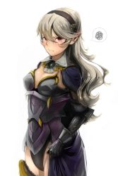 Rule 34 | 1girl, armor, armored leotard, black armor, black hairband, black leotard, blonde hair, blue cape, blush, boots, breasts, bynomeans, cape, cleavage, closed mouth, corrin (female) (fire emblem), corrin (female) (nohr noble) (fire emblem), corrin (fire emblem), cowboy shot, embarrassed, fire emblem, fire emblem fates, floating hair, frown, gauntlets, hair between eyes, hairband, highleg, highleg leotard, highres, leotard, long hair, looking at viewer, medium breasts, nintendo, pointy ears, red eyes, simple background, slit pupils, solo, spoken squiggle, squiggle, standing, thigh boots, thighhighs, white background