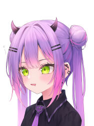 Rule 34 | 1girl, 333shishishi333, black shirt, commentary, demon horns, double bun, drooling, ear piercing, green eyes, hair bun, hair ornament, hairclip, highres, hololive, horns, light blush, long hair, looking to the side, mouth drool, multicolored hair, necktie, official alternate costume, open mouth, piercing, pink hair, purple hair, purple necktie, shirt, simple background, smile, solo, tokoyami towa, tokoyami towa (school uniform), twintails, upper body, virtual youtuber, white background, wing collar