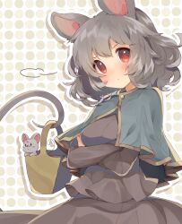 Rule 34 | 1girl, animal ears, annoyed, basket, blue capelet, blush, breasts, brown background, buttons, capelet, closed mouth, commentary, cowboy shot, crossed arms, furrowed brow, gold trim, grey hair, grey shirt, grey skirt, grey sleeves, highres, light frown, long sleeves, looking at viewer, medium breasts, medium hair, mouse ears, mouse tail, nazrin, outline, pleated shirt, pleated skirt, polka dot, polka dot background, prehensile tail, red eyes, shirt, sigh, simple background, skirt, skirt set, solo, tail, touhou, usamata, white outline