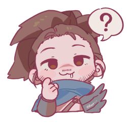 Rule 34 | 1boy, ?, artist name, brown eyes, brown hair, chibi, hand up, highres, league of legends, long hair, long sleeves, ponytail, ruan chen yue, saliva, simple background, solo, speech bubble, spoken question mark, transparent background, yasuo (league of legends)