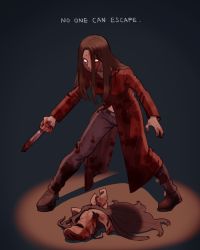 Rule 34 | 1girl, amanda young, belt, blank eyes, blood, brown footwear, dead by daylight, english text, facing viewer, full body, knife, long hair, looking at viewer, mask, unworn mask, nr (nyuro2), pants, pig mask, saw (movie), simple background, solo, standing
