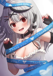 Rule 34 | 1girl, @ @, animal collar, black collar, black hair, blush, bound, braid, breasts, camisole, cleavage, collar, commentary request, double-parted bangs, fang, fingerless gloves, frilled camisole, frills, gloves, grey hair, hair ornament, hairclip, hololive, krnishiro, large breasts, looking at viewer, multicolored hair, nail polish, official alternate hair length, official alternate hairstyle, open mouth, red eyes, red nails, ribbon, ribbon bondage, sakamata chloe, side braid, single braid, solo, streaked hair, upper body, virtual youtuber, white camisole, x hair ornament