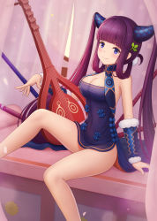 Rule 34 | 1girl, bare shoulders, blue eyes, blunt bangs, blush, breasts, china dress, chinese clothes, cleavage, closed mouth, commentary request, detached sleeves, dress, fate/grand order, fate (series), fur trim, hair ornament, highres, indoors, instrument, large breasts, long hair, looking at viewer, purple dress, purple hair, sidelocks, sitting, smile, solo, twintails, very long hair, watch artwork, yang guifei (fate), yang guifei (second ascension) (fate)