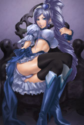 Rule 34 | 00s, 1girl, aono miki, black thighhighs, blue footwear, blue nails, boots, breasts, crop top, crossed legs, cure berry, earrings, fingernails, fresh precure!, hair ornament, heart, heart hair ornament, high heel boots, high heels, highres, jewelry, knee boots, large breasts, legs, lips, long hair, looking at viewer, magical girl, midriff, nail polish, panties, precure, purple hair, sadakage, shoes, sitting, solo, thighhighs, underwear, very long hair