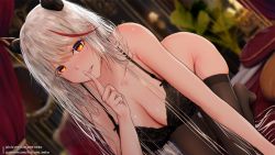 Rule 34 | 1girl, aegir (azur lane), azur lane, bent over, black thighhighs, blurry, blurry background, bra, breasts, cleavage, demon horns, finger to mouth, horns, indoors, kitsune-neko, lace, lace bra, large breasts, long hair, looking at viewer, multicolored hair, orange eyes, pixiv username, red hair, silver hair, skindentation, streaked hair, thighhighs, thighs, underwear, yellow eyes