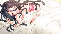 Rule 34 | 1girl, artist request, bed, black hair, bra, breasts, closed eyes, fangs, food print, game cg, large breasts, long hair, monster girl, monster musume no iru nichijou, monster musume no iru nichijou online, official art, open mouth, pillow, pink bra, shiana (monster musume), snake hair, solo, strawberry print, under covers, underwear
