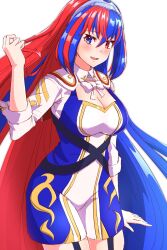 Rule 34 | 1girl, alear (female) (divine attire) (fire emblem), alear (female) (fire emblem), alear (fire emblem), blue eyes, blue hair, breasts, cleavage, cleavage cutout, clothing cutout, crossed bangs, fire emblem, fire emblem engage, hair between eyes, heterochromia, highres, large breasts, long hair, looking at viewer, multicolored hair, nintendo, open mouth, red eyes, red hair, ribbon, smile, solo, split-color hair, tiara, to (tototo tk), two-tone hair, very long hair, white background, white ribbon