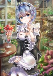 Rule 34 | 1girl, absurdres, apron, black bow, black dress, blue eyes, blue hair, blurry, blurry foreground, blush, bokeh, bow, breasts, candy jar, cleavage, closed mouth, commentary request, cup, depth of field, detached sleeves, dress, eyes visible through hair, flower, flower (symbol), food, frilled sleeves, frills, hair between eyes, hair flower, hair ornament, highres, holding, holding spoon, light rays, long sleeves, looking at viewer, maid, maid apron, maid headdress, medium breasts, ore-artstudio, pantyhose, parfait, plant, potted plant, re:zero kara hajimeru isekai seikatsu, rem (re:zero), saucer, short hair, signature, sitting, sleeves past wrists, smile, solo, spoon, table, tea, teacup, white bow, white pantyhose, wide sleeves, window, x hair ornament