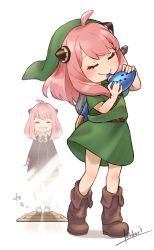 Rule 34 | ahoge, anya (spy x family), boots, brown footwear, child, closed eyes, commentary request, cone hair bun, cosplay, eyelashes, full body, green headwear, green tunic, hair bun, highres, instrument, link, link (cosplay), master sword, meme, music, nintendo, ocarina, pink hair, playing instrument, short hair, spy x family, the legend of zelda, tunic, weapon, weapon on back, yau5531