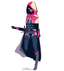 Rule 34 | 1girl, absurdres, belt, black footwear, black pantyhose, blood, boots, cape, capelet, chest harness, colored sclera, full body, gloves, harness, highres, holding, holding weapon, hood, hooded cape, little red riding hooded mercenary, lobotomy corporation, madotsuki ren, mask, mouth mask, pantyhose, project moon, red cape, red capelet, red gloves, red shorts, shorts, simple background, solo, standing, standing on one leg, teeth print, weapon, white background, yellow sclera