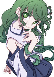 Rule 34 | 1girl, absurdres, bare shoulders, blue skirt, blush stickers, closed mouth, detached sleeves, frog hair ornament, green eyes, green hair, hair ornament, highres, japanese clothes, kame (kamepan44231), kochiya sanae, long hair, nontraditional miko, one-hour drawing challenge, simple background, skirt, smile, snake hair ornament, solo, touhou, white background, white sleeves, wide sleeves