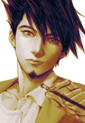 Rule 34 | 1boy, brown eyes, closed mouth, collarbone, collared shirt, danganronpa (series), danganronpa v3: killing harmony, facial hair, goatee, grey background, heterochromia, holding, jacket, looking at viewer, momota kaito, mu (mu43960168), open clothes, open shirt, pink eyes, pink hair, portrait, shirt, simple background, smile, solo, spiked hair