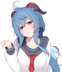 Rule 34 | 1girl, absurdres, ahoge, alternate costume, black sailor collar, blue hair, blush, breasts, closed mouth, collarbone, commentary request, ganyu (genshin impact), genshin impact, hair between eyes, hand up, head tilt, highres, horns, long hair, long sleeves, looking at viewer, medium breasts, olive (laai), puffy long sleeves, puffy sleeves, purple eyes, sailor collar, shirt, simple background, smile, solo, white background, white shirt