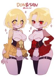 2girls blonde_hair blush breasts don_quixote_(project_moon) dress highres large_breasts limbus_company multiple_girls pmchell_04 project_moon sancho_(project_moon) thigh_strap thighhighs