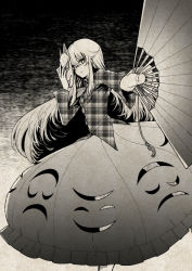 Rule 34 | 1girl, circle, floating hair, fox mask, frilled skirt, frills, hand fan, hata no kokoro, holding, holding fan, long hair, long skirt, long sleeves, looking at viewer, mask, mask on head, monochrome, outstretched arm, plaid, plaid shirt, shirt, skirt, star (symbol), touhou, triangle, urin