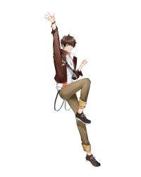 Rule 34 | 1boy, absurdres, beige pants, black footwear, bracelet, brown hair, brown jacket, clenched hand, collarbone, green eyes, highres, jacket, jewelry, looking at viewer, male focus, min suha, necklace, nijisanji, nijisanji kr, official art, one eye closed, open hand, outstretched arm, second-party source, shirt, smile, solo, symbol-only commentary, tachi-e, virtual youtuber, white shirt, xretakex