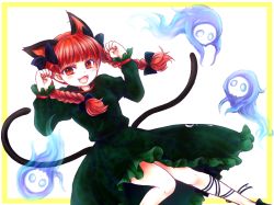 Rule 34 | 1girl, :d, animal ears, bow, braid, cat ears, cat tail, cube iso, dress, extra ears, fangs, fire, flaming skull, floating skull, hair bow, hitodama, kaenbyou rin, letterboxed, long hair, long sleeves, looking at viewer, multiple tails, nekomata, open mouth, paw pose, red eyes, red hair, skull, smile, solo, tail, touhou, twin braids, two tails