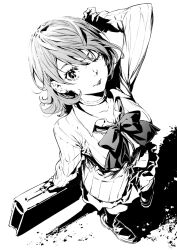 Rule 34 | 1girl, arm up, bag, black socks, bow, bowtie, breasts, cardigan, choker, closed mouth, collarbone, collared shirt, commentary request, earrings, from above, full body, gekkoukan high school uniform, greyscale, highres, holding, holding bag, jewelry, kneehighs, long sleeves, looking at viewer, looking up, loose bowtie, medium breasts, medium hair, miniskirt, monochrome, one eye closed, persona, persona 3, pleated skirt, ribbed cardigan, saeki shun, school bag, school uniform, shirt, shoes, skirt, socks, standing, stud earrings, takeba yukari, white shirt