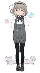 Rule 34 | 1girl, alternate costume, arms behind back, asasow, black bow, black bowtie, black footwear, black hairband, black pantyhose, bow, bowtie, brown eyes, closed mouth, collared shirt, commentary request, dress shirt, expressionless, full body, grey hair, grey overalls, hairband, hatoba tsugu, long sleeves, looking at viewer, medium hair, overall shorts, overalls, pantyhose, shirt, shoes, simple background, single hair ring, solo, standing, tsugu (vtuber), virtual youtuber, white background, white shirt