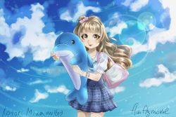 Rule 34 | 1girl, absurdres, aqua neckerchief, artist name, artist request, bag, black skirt, blue sky, blush, bracelet, brown eyes, brown hair, carrying bag, checkered clothes, checkered skirt, cloud, collarbone, day, female focus, fluffy mouse, grey hair, highres, holding, jewelry, light brown hair, long hair, love live!, love live! school idol festival, love live! school idol project, minami kotori, neckerchief, outdoors, parted lips, puffy short sleeves, puffy sleeves, sailor collar, scrunchie, shirt, short sleeves, skirt, sky, smile, solo, stuffed animal, stuffed dolphin, stuffed toy, white scrunchie, white shirt, wrist scrunchie